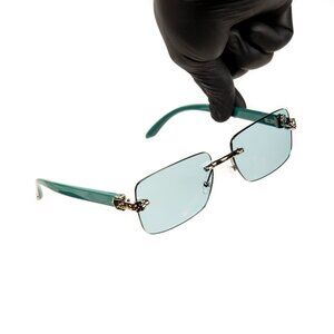 Mens Turquoise Tint Rimless Silver Frame Vintage Leopard Head Sunglasses